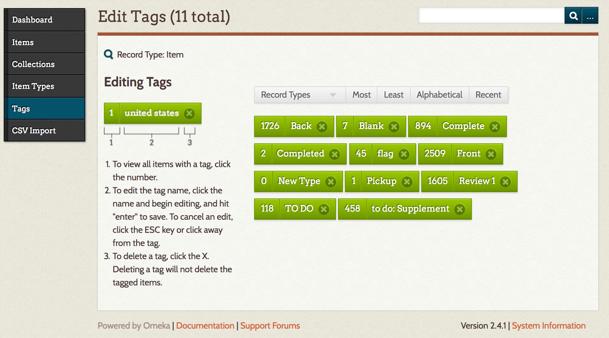 A screenshot of the tags currently in use in the Decomposing Bodies Omeka site
