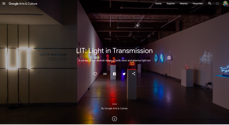 A screenshot of the Pittsburgh Glass Center's Google Arts & Culture page for the Light in Transmission exhibition. The image shows a wide view of the gallery brightly lit by the neon artworks with white text stating the name of the exhibition over the photo.