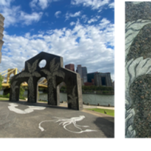 Three images of public art installations by Ned Smyth in Allegheny Landing. First image of Mythic Source, a stylized fish painted on the ground with a shadow figure in frame. Second image is a rear view of Piazza Lavoro, a large stone structure with arches through which the yellow bridge and cityscape can be seen. Third image is a close up through one of the arches with green grass in foreground and yellow birdge and skyscrapers in background